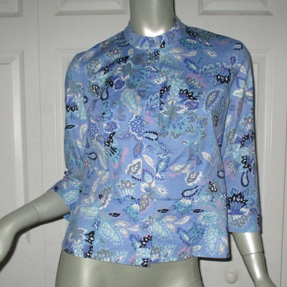 SIGRID OLSEN Blue Floral Pattern Button Shirt 3/4 Sleeves